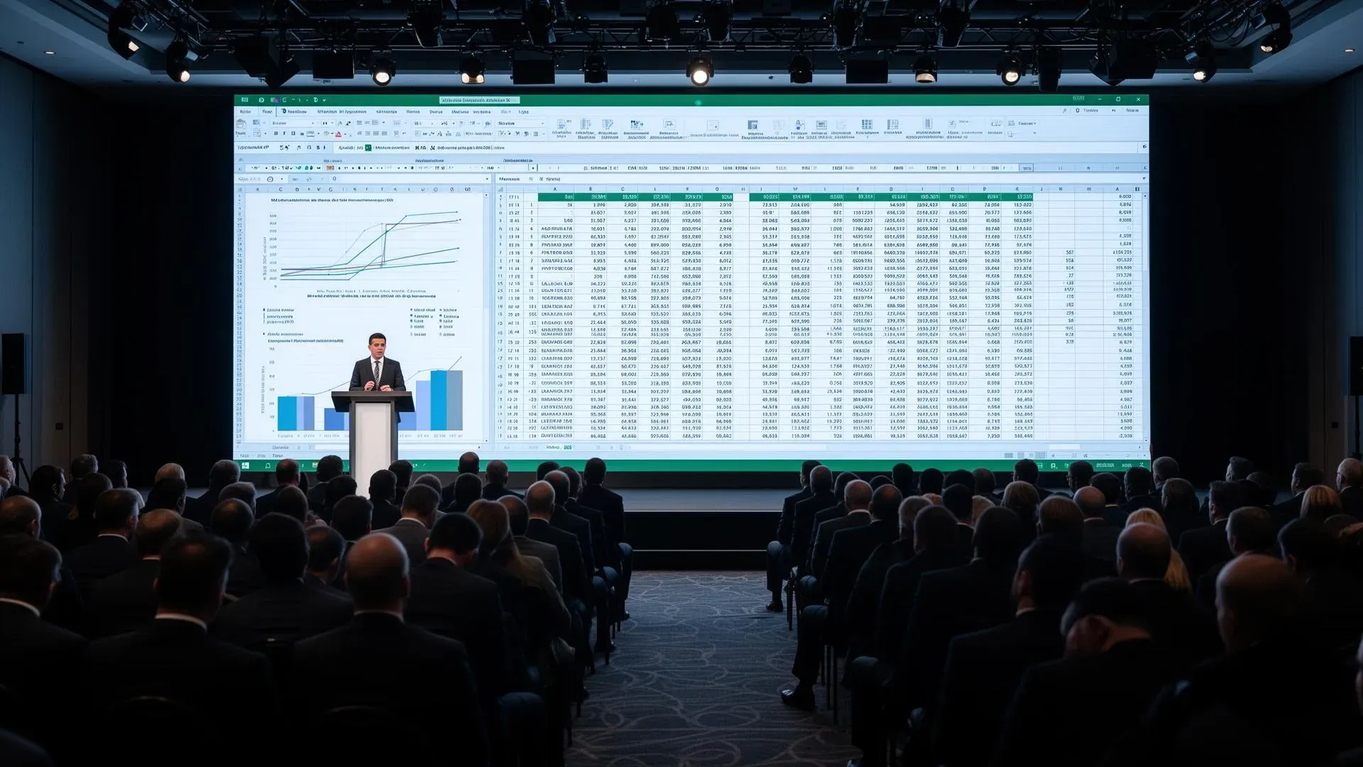 Speaker présentant un tableau Excel complexe sur écran LED géant lors d’une assemblée générale